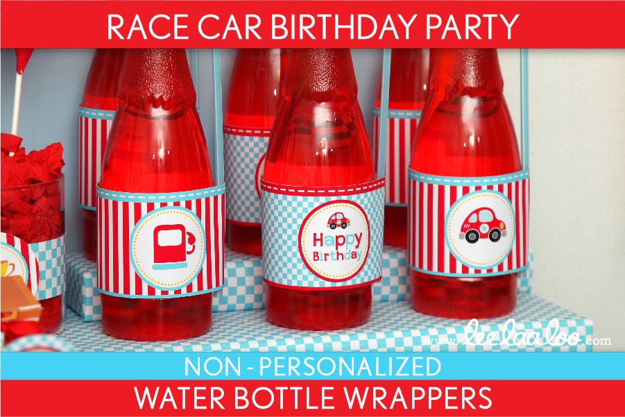 Race Car Birthday Party - Water Bottle Wrappers & Bonus: Straw Flags NonPersonalized Printable // Cute Race Car - B36Ne
