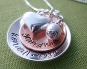 Personalized Mom Necklace - Mixed Metal Stacked with Puffy Heart and Pearl - Hand Stamped Jewelry