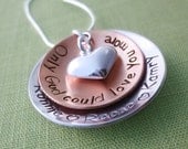 Personalized Mom Necklace - Only God Could Love You More - Mixed Metal Stacked with Puffy Heart - Family Names - Hand Stamped Jewelry
