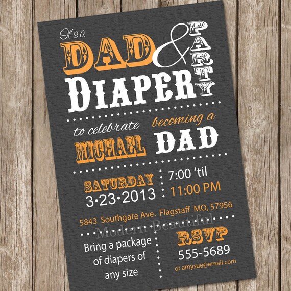 Diaper Baby Shower Invitation Grey and Orange Dad Diaper Invitation Party Printable Personalized Il_570xn