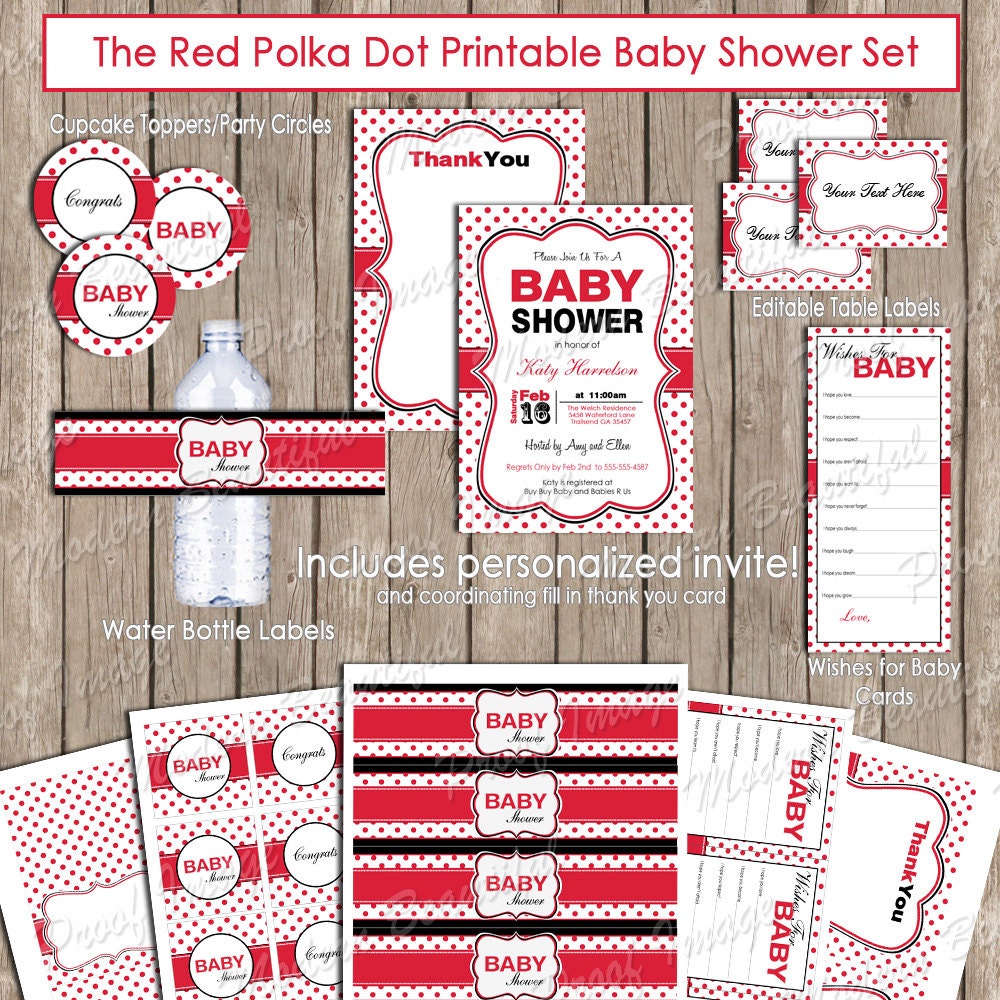 Polka dot baby shower invitation package, red and black polka dot, girl baby shower invitation, red, black, printable Il_570xn
