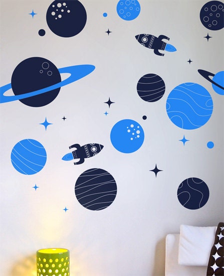 Wall decals children vinyl stickers - Pack of 11 Planets with stars and two FREE rockets