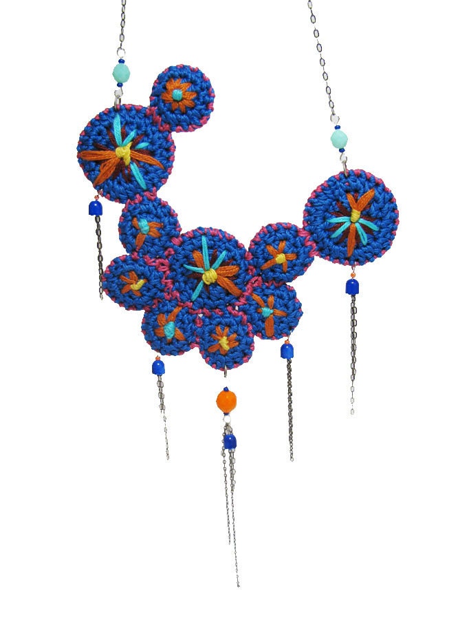 Folk Crochet Tribal Necklace electric blue orange pink yellow embroidered spring