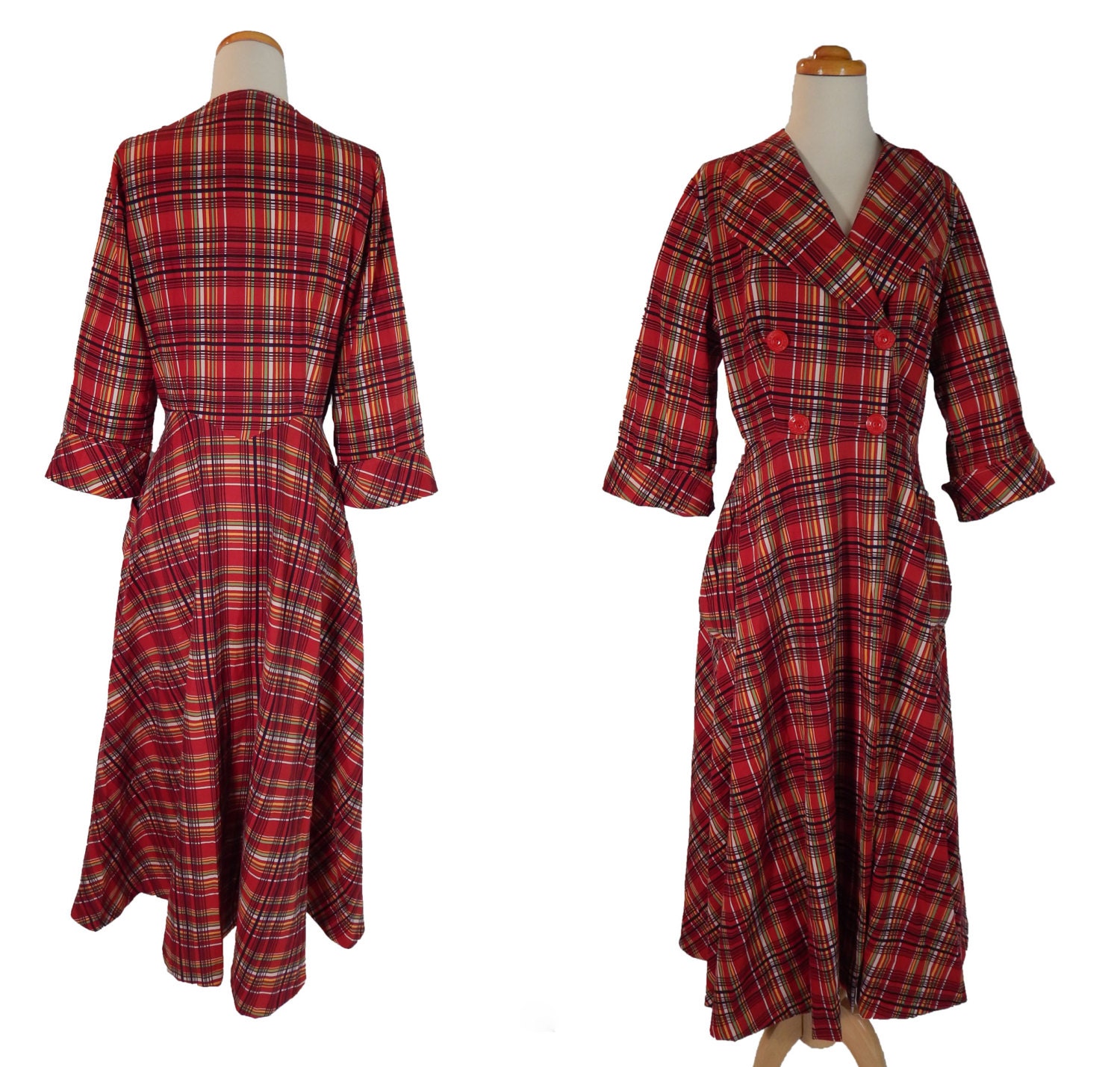 Vintage 1950s Red Plaid Coachman's Robe / Morning Dress / House Coat by QUEENLAND