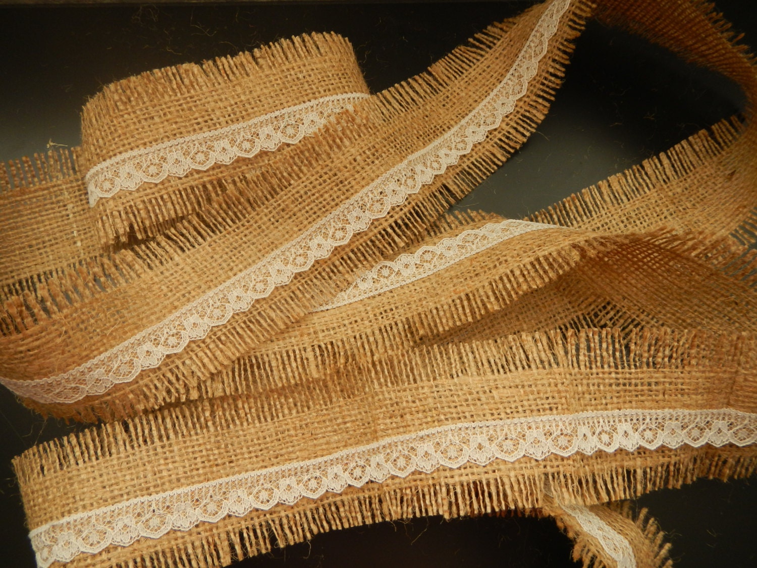 Burlap and Lace Ribbon, Cream Lace and Rustic Brown Frayed Burlap Ribbon, Use for Wedding, Shower, Party, Home Decor, Crafting