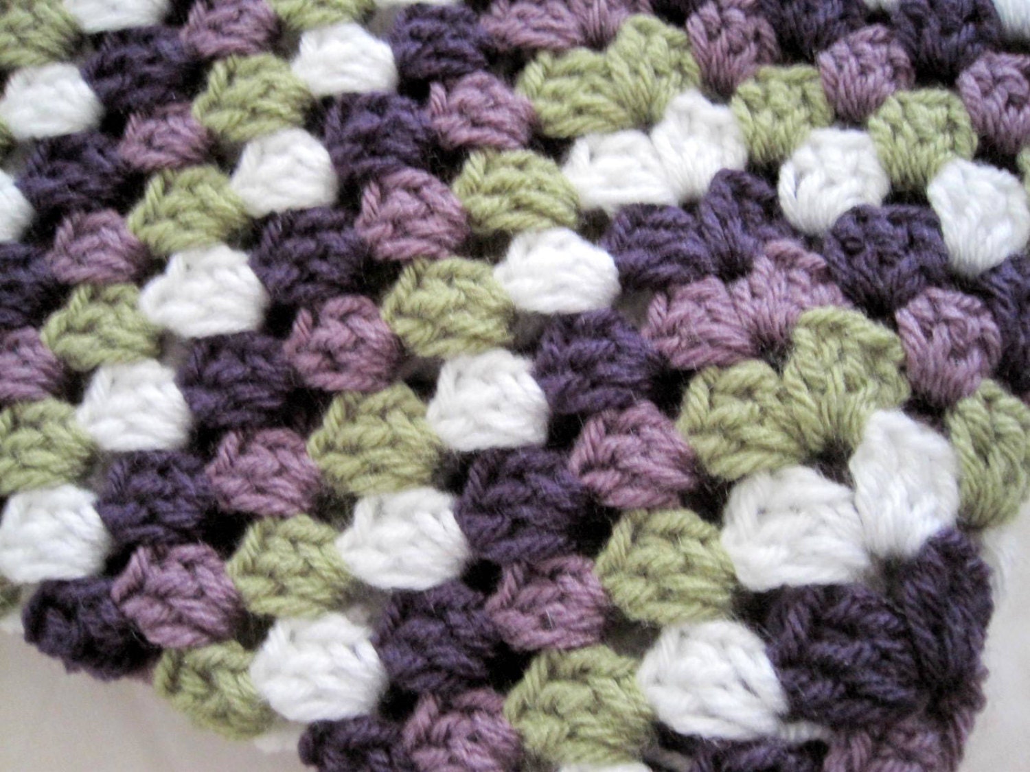 Crochet granny square baby blanket handmade afghan purple green white baby girl crib stroller lap blanket
