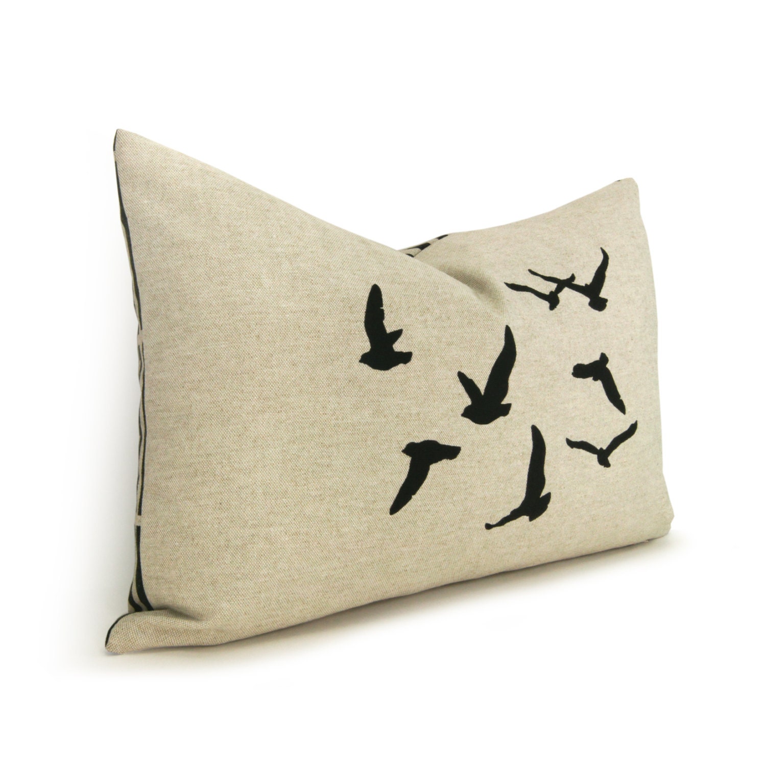 Bird pillow cover - Pillow cover - Nature print - Spring decor - Black flying birds silhouette on natural beige canvas with geometric back - ClassicByNature