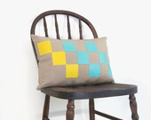 Geometric outdoor pillow cover - Colorful - Summer decor - Lumbar pillow cover in 12x18 -  Yellow and aqua square applique on beige canvas