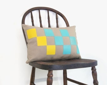 Geometric outdoor pillow cover - Colorful - Summer decor - Lumbar pillow cover in 12x18 -  Yellow and aqua square applique on beige canvas