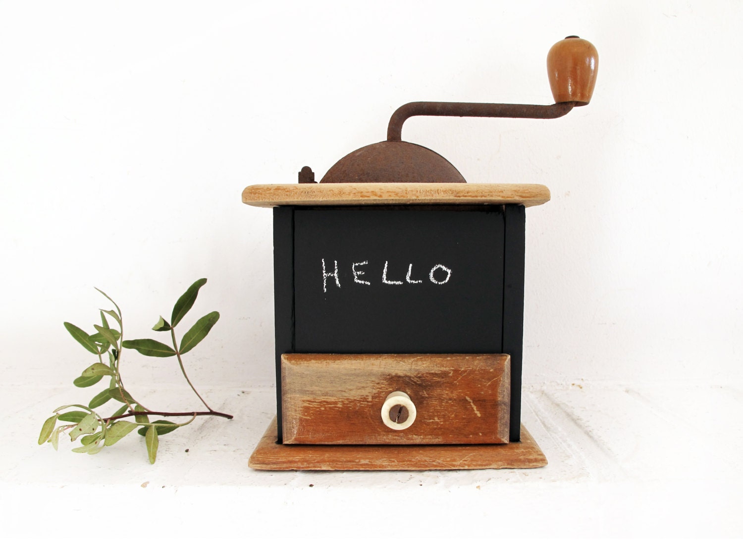 French wood cube coffee vintage - coffee mill- coffee grinder- upcycled chalk board