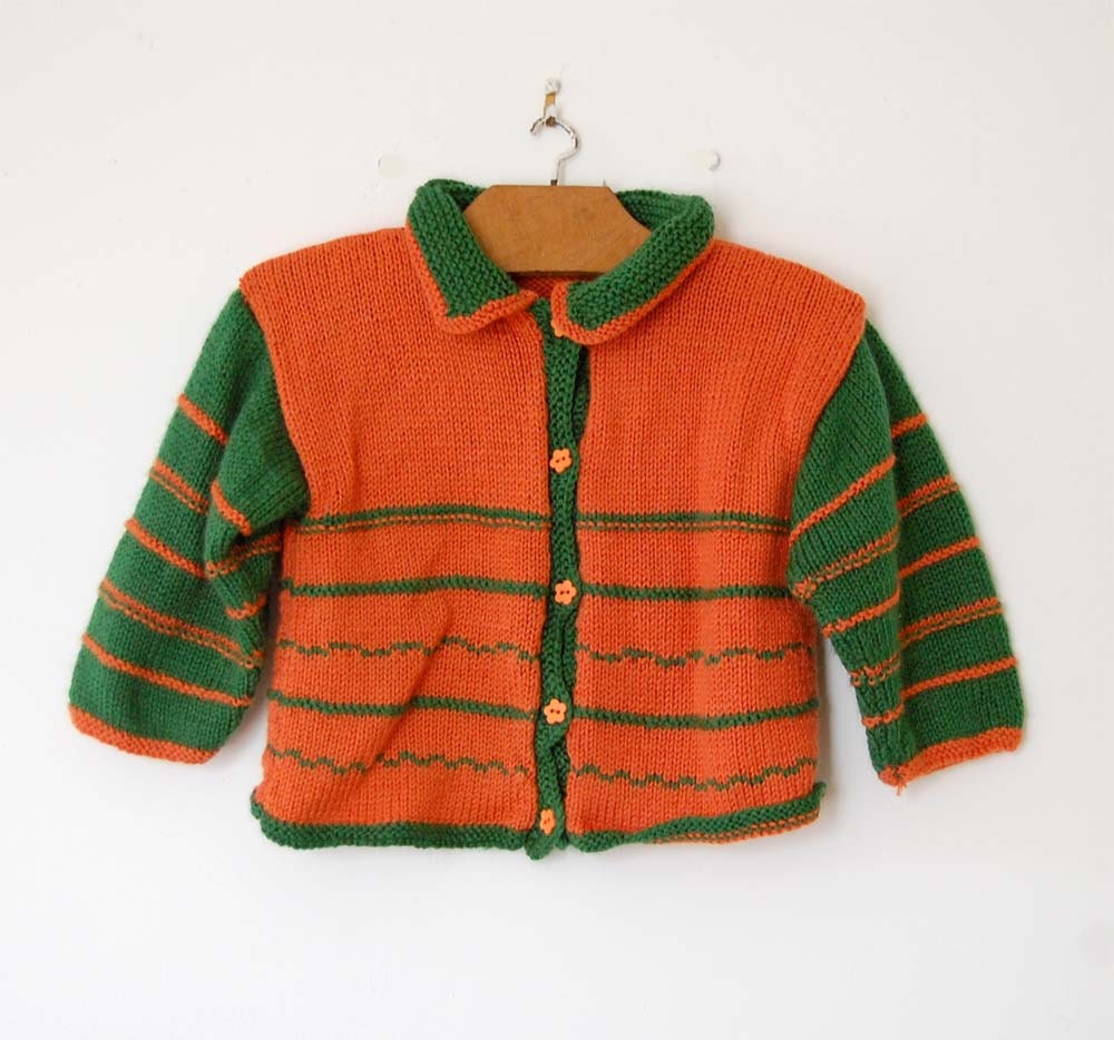 Vintage Orange and Green Knitted Cardigan - 2 T