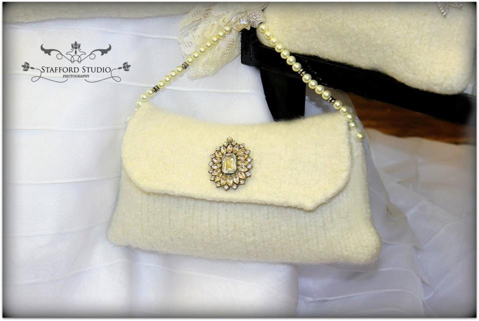 Wedding Bridal Bridesmaid Flowergirl  Clutch Purse Brooch Beads Felted by EllenLee
