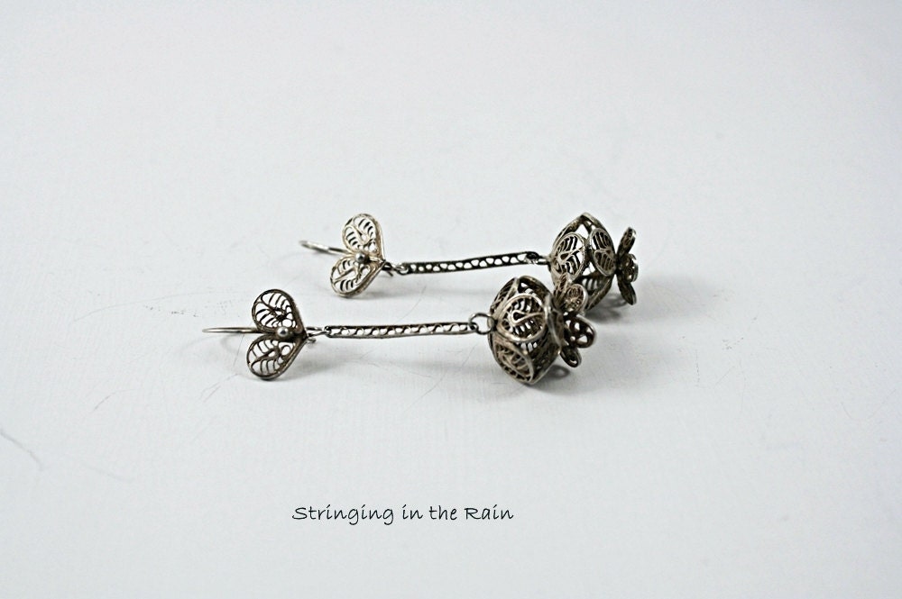 Vintage Sterling Filigree Dangle Pierced Heart Earrings No. 18