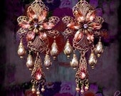 Exotic Peach Crystal Chandelier Earrings- Fancy, Large Renaissance Filigree Earrings, Antique Victorian Bridal Jewelry MTO