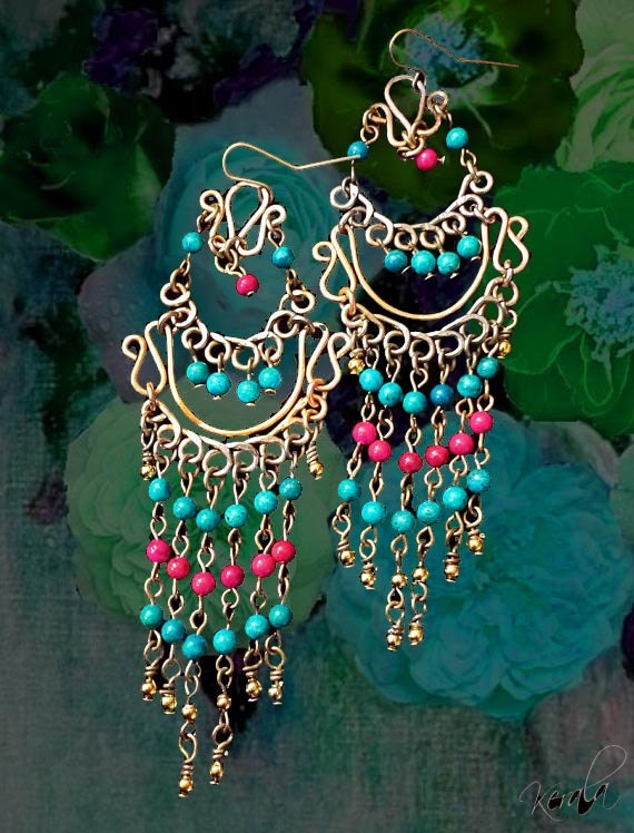 Long Beaded Turquoise Gemstone Chandelier Earrings- Fuchsia and Aqua Brass Wire-Wrapped Bohemian  Earrings- Long, Indian, Beaded-  MTO