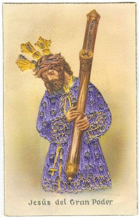Two Colorful Silk Embroidered Spanish Postcards of Jesus, as the Infant of Prague and del Gran Poder, (The Great Power)