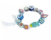 Blue GIRLS Stretch BRACELET, children jewelry, handmade in polymer clay - with fish, flower leaf beads - light dark blue turquoise