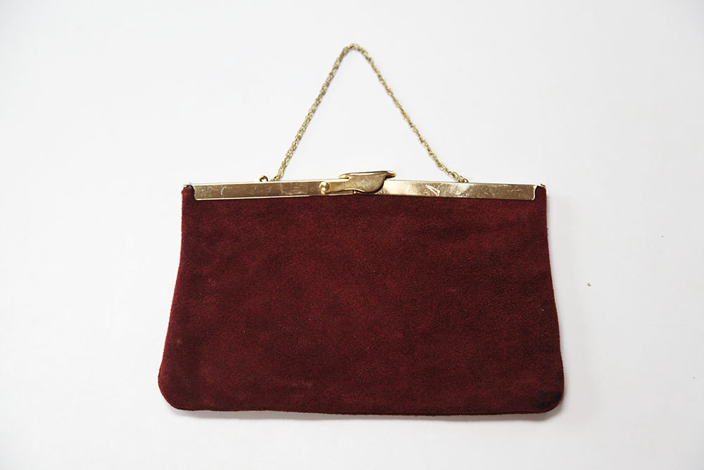 50% OFF ENTIRE SHOP - 80's Maroon Suede Clutch with Gold Hardware
