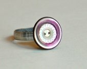 Antique Etched Mother of Pearl Button Ring, pink and white on adjustable brass band