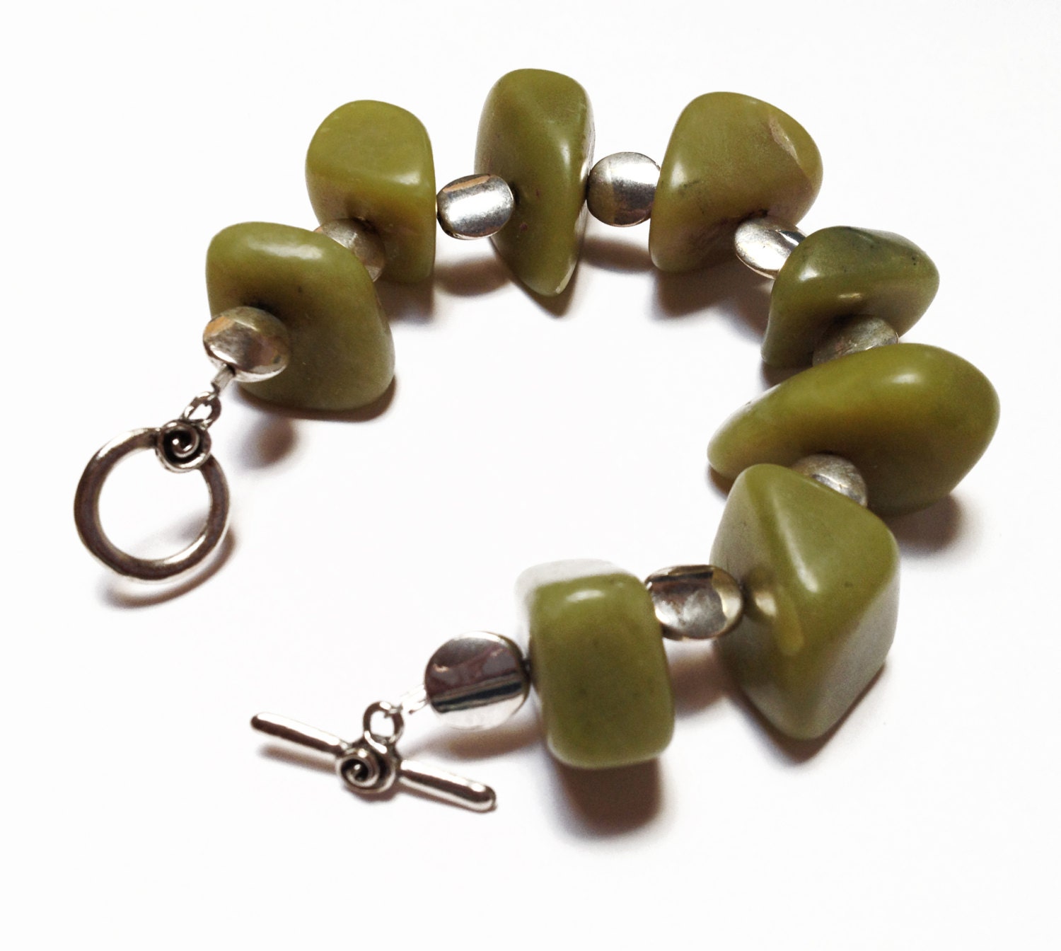 Chunky Yellow Turquoise Bracelet, Tumbled Pea Green Stone, Tender Shoot Green Chunky Bracelet, Silver Tone 10mm Spacers, Swirl Clasp