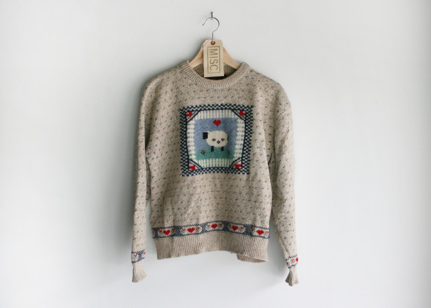 50% OFF SALE - Vintage Women's Eddie Bauer Oatmeal Crew Neck Sweater w/ Sheep, Flowers & Hearts