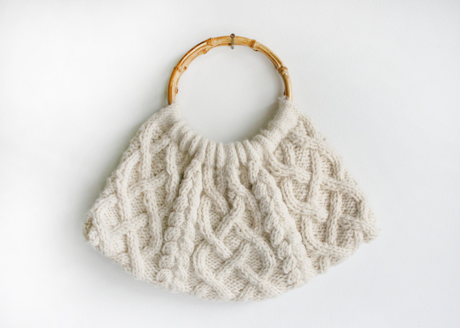 50% OFF SALE - Vintage Bamboo Handle & White Wool Cable Knit Purse