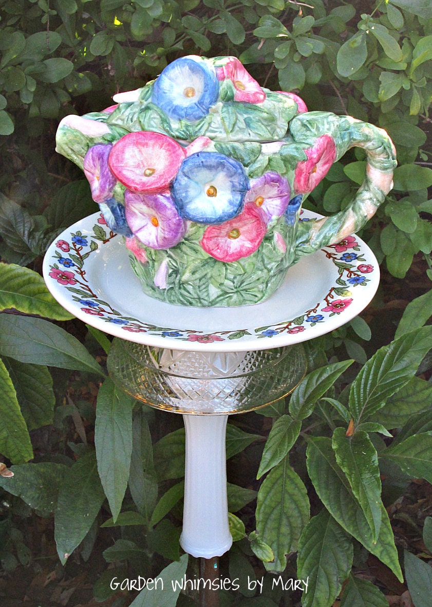 Garden Totem Stake Morning Glory Teapot - As Featured In Flea Market Gardens Magazine