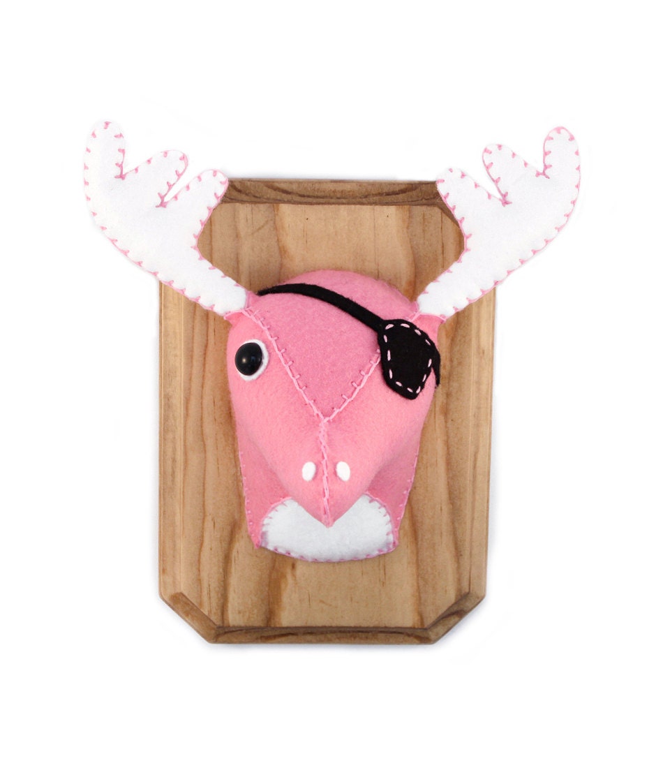 Small Faux Taxidermy, Plush Deer Pirate Trophy - Penelope The Pink Deer-Moose Pirate - Spring Sale