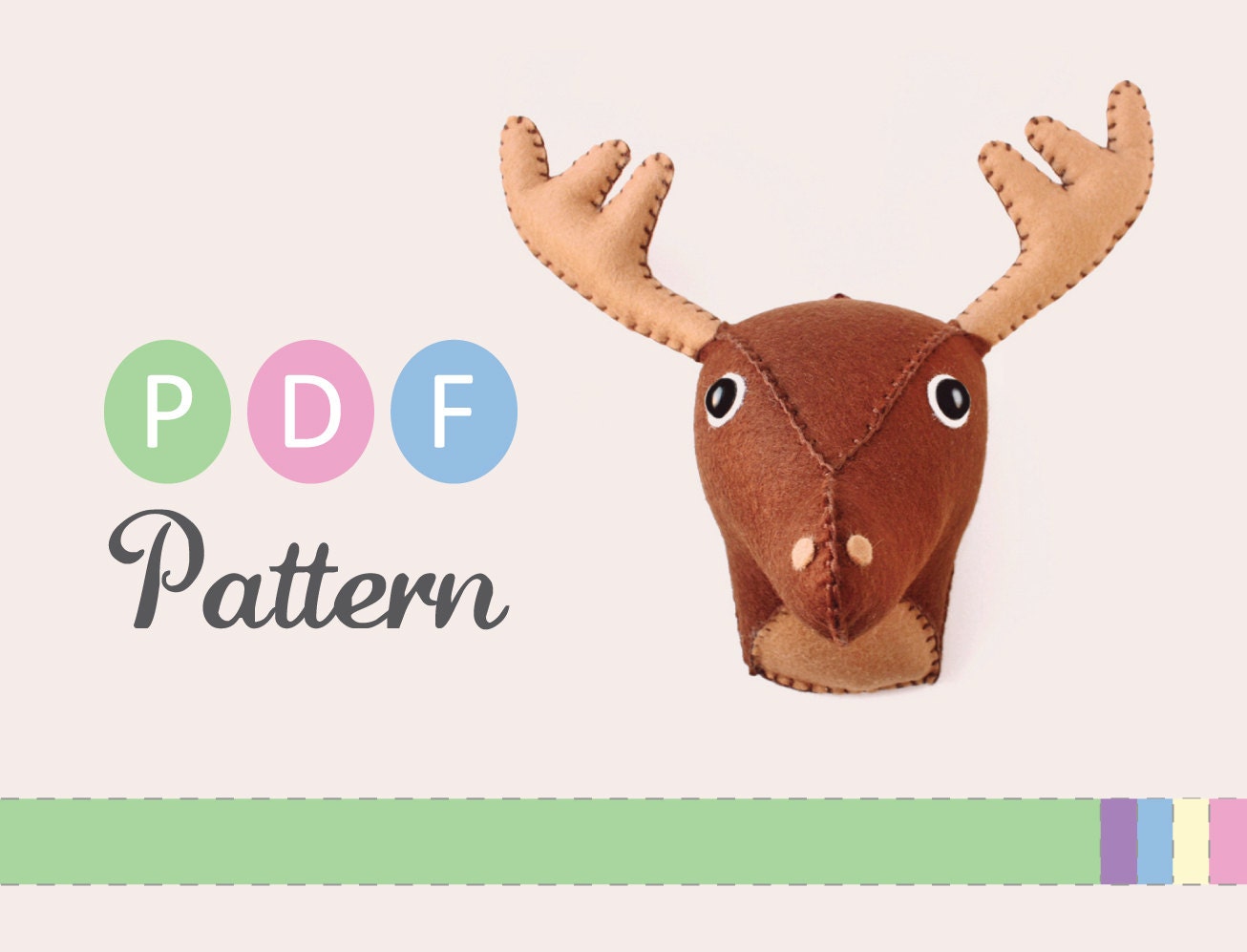 PDF Pattern, Medium Faux Taxidermy Tutorial, Hand Stitched Plush Felt Deer-Moose