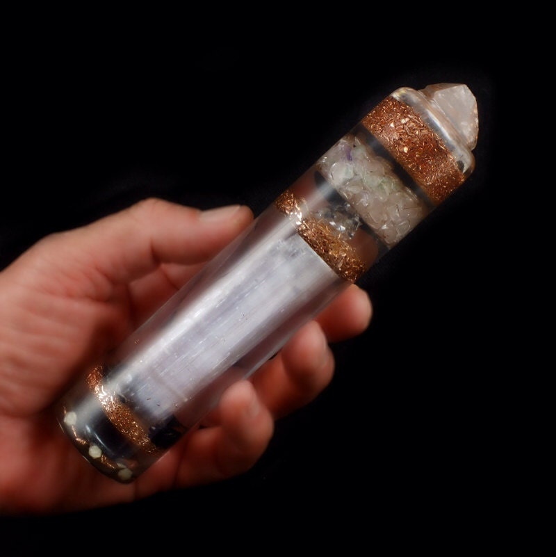 Large Orgone Energy Generator Wand. Tibetan Quartz Crystal, Fluorite, Tourmaline, Rhodizite, Selenite, Hematite, Phenacite, Copper Nuggets