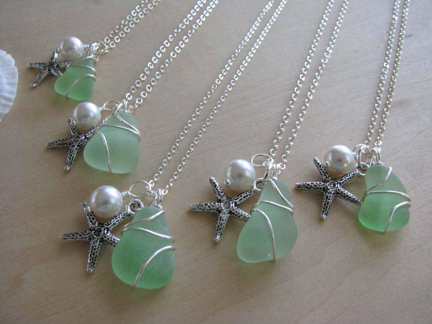 Sea Foam Sea Glass Jewelry Bridesmaid Jewelry Starfish Sea Glass Necklaces in Green, Wedding Jewelry Beach Glass Jewelry