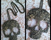 Vtg Style Bronze Gold Floral Sugar Skull Skeleton Necklace