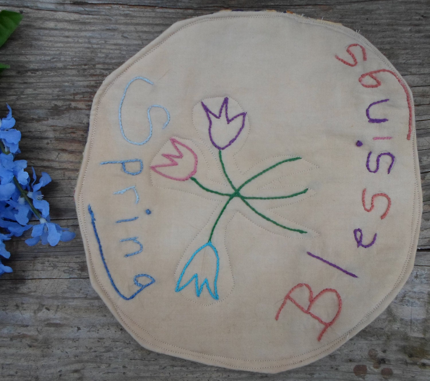 OOAK, Primitive, Whimsical,  Hand Embroidered, Table Mat, Candle Mat, Quilt Patchwork, Tulips, SPRING BLESSINGS, Not Round, Reversible
