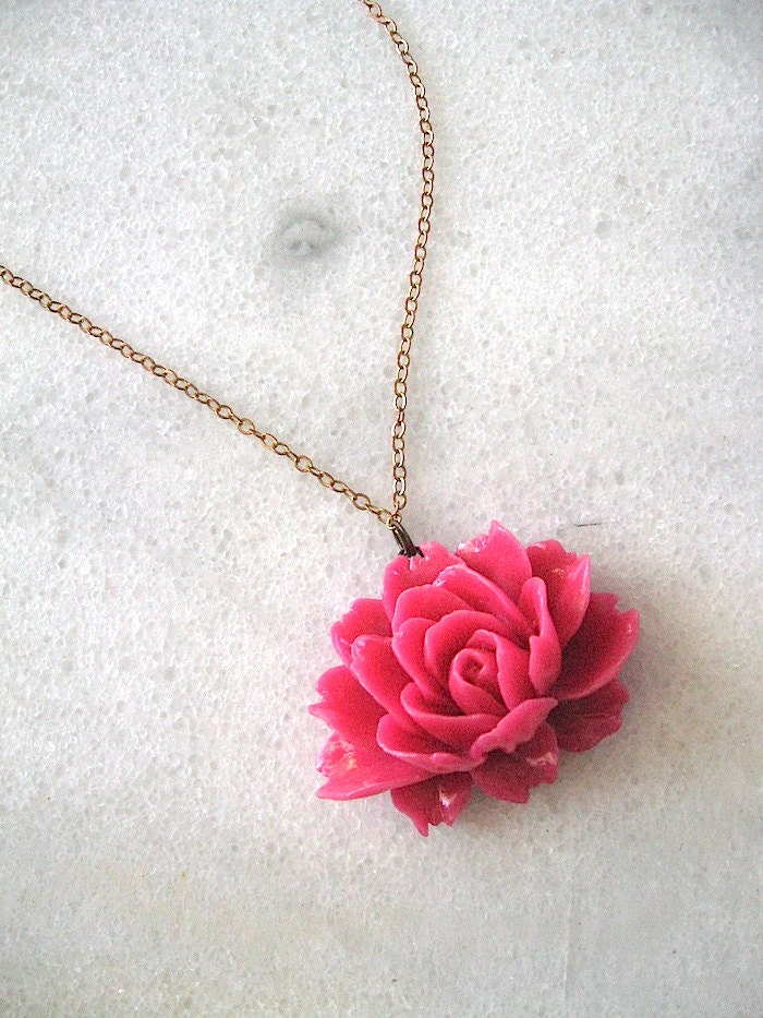 Victoria - Hot Pink Rose Necklace - Vintage Style - Natural brass chain 26" long