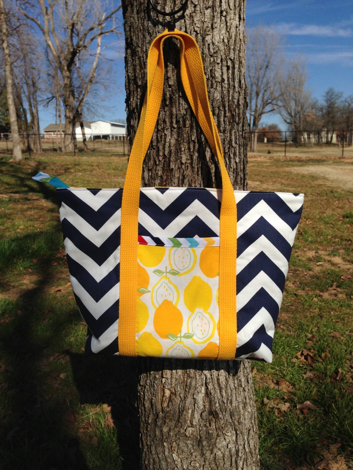 Navy Chevron and Lemon Tote/Pouch SET