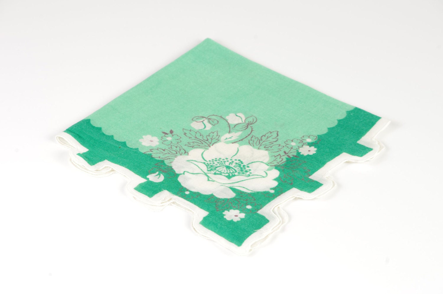 Vintage Emerald Green Handkerchief with Flowers