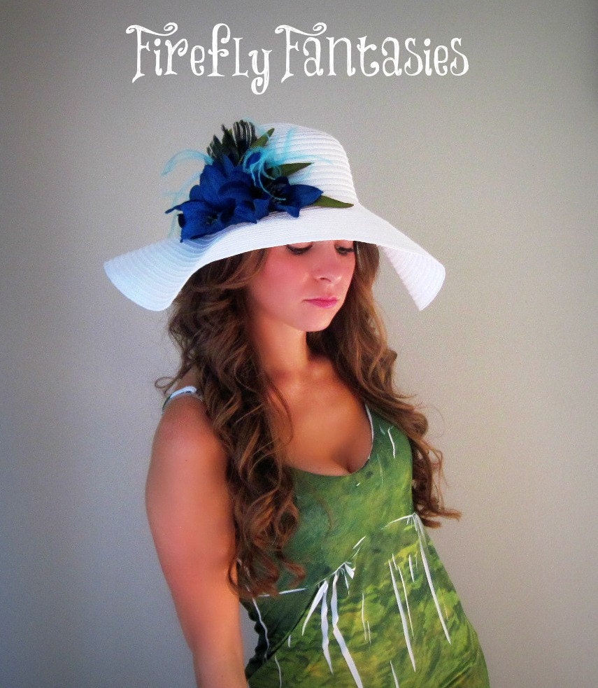 Pretty as a Peacock - White Floppy Hat for Kentucky Derby Garden Party or Weddings wide brim straw hat beach