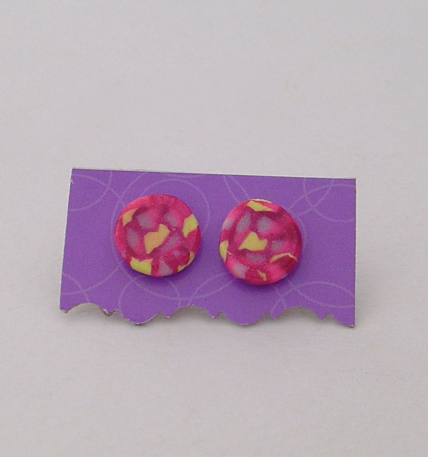 Pink and yellow studs. Polymer clay titanium earrings. cool earrings