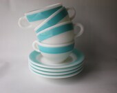 Set of 4 Vintage Aqua and White Banded Milk Glass Cups and Saucers