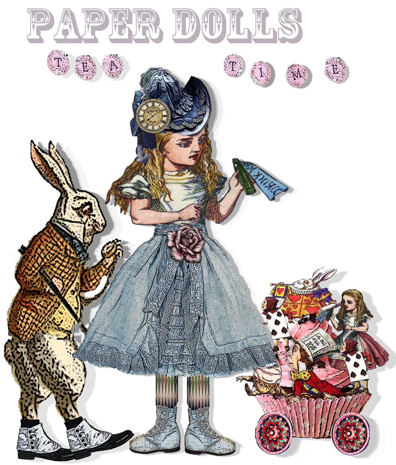 Alice in Wonderland paper doll collage sheet