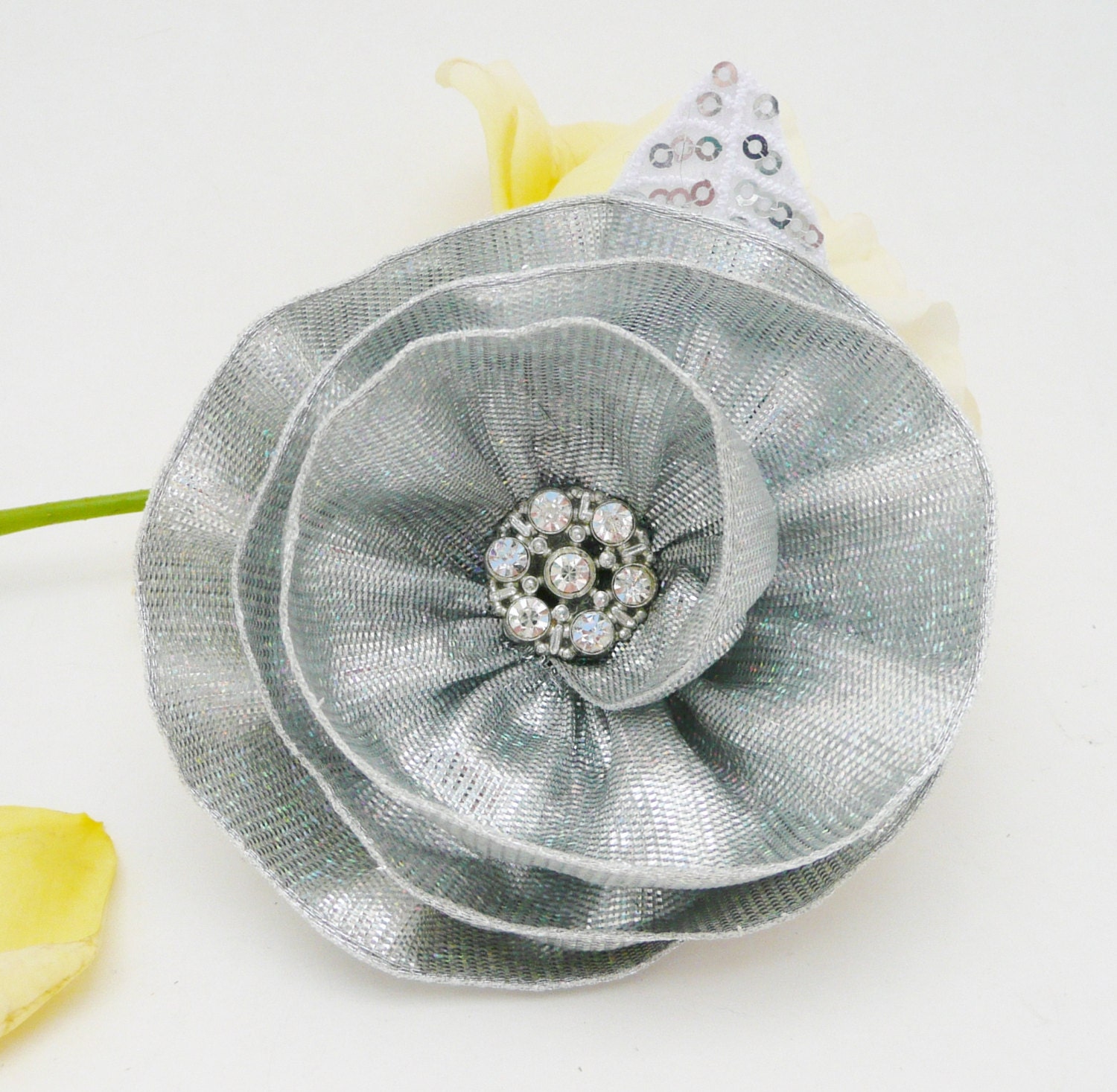 Jeweled Silver Flower Hair Clip, Hair Accessories for Women, Glitter Silver Ribbon Rose with Vintage Button and Sequin Leaf