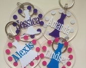 Quantity 7 Bridal gown, Bridesmaid Personalized acrylic keychain, 3" round bride or bridesmaid dress and name, with or without polka dots