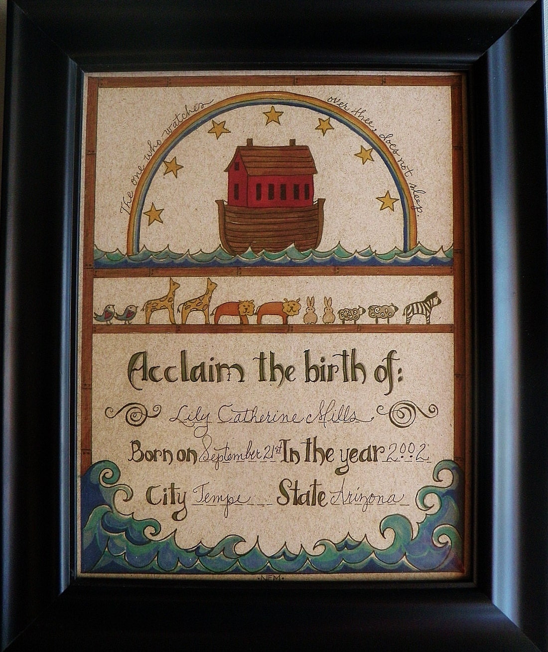 Fraktur, Birth Certificate,Noah's Ark Design,Animals,Folk Art, Primitive, Americana, Color Print, Print Only, Unframed