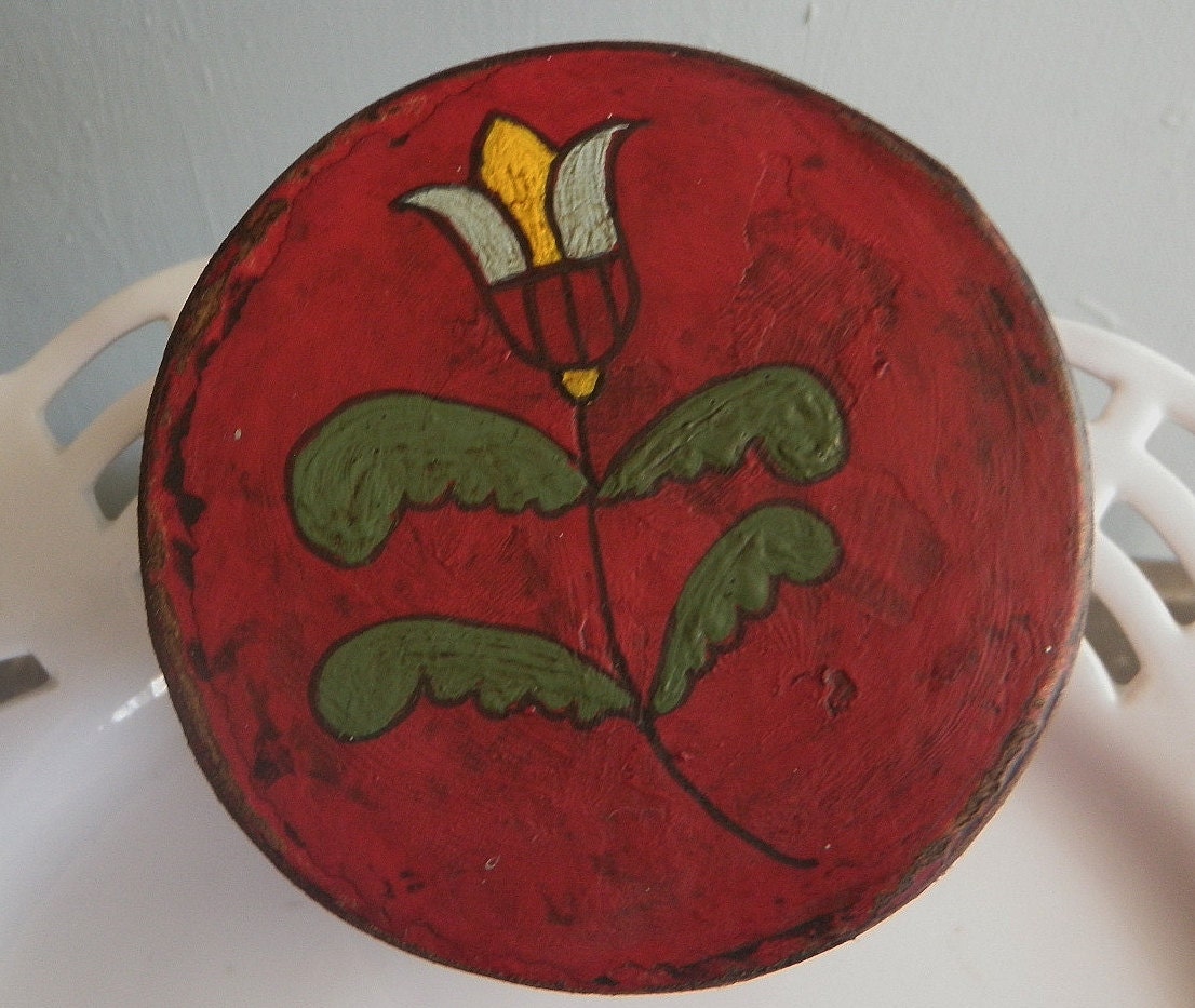 Hand Painted Paper Mache Box, Folk Art, Theorem, Americana, Primitive,Red, Black