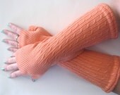 Spring Cotton Fingerless Gloves - Apricot Peach Texting Gloves Wrist Warmers : Upcycled Recycled Repurposed Eco Friendly