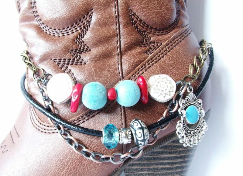Shabby Chic and girly BOOT JEWELRY for wearing as dressy formal wear for your boots with Red, Black and Turquoise and Gunmetal Chains