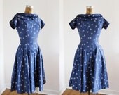 1950s Dress - 50s Dress - Navy Blue Cotton Dress