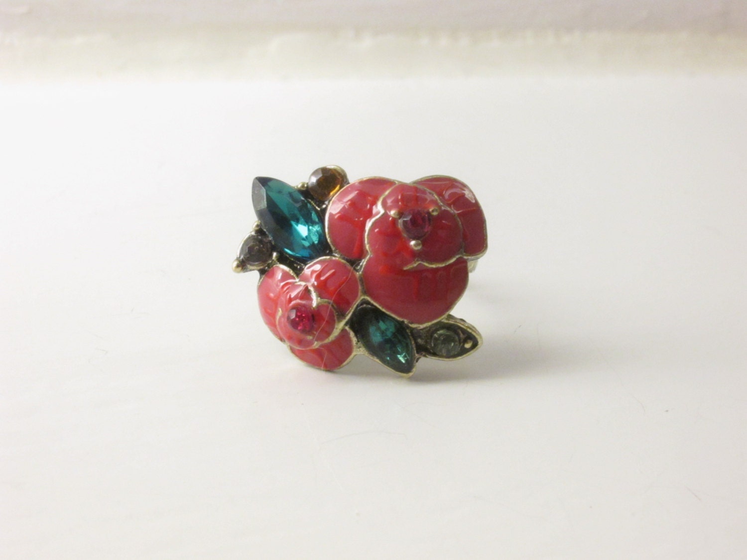 Vintage Bloomsom Rose Adjustable Ring: R00009//Metal//Pink//Green//Grandma Picks For Me, Sunday Market Jewelry