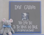 Blue and Gray Baby Boy Nursery - Love You To The Moon and Back - Personalized Name Frame - Custom Photo Frame Wall Decor