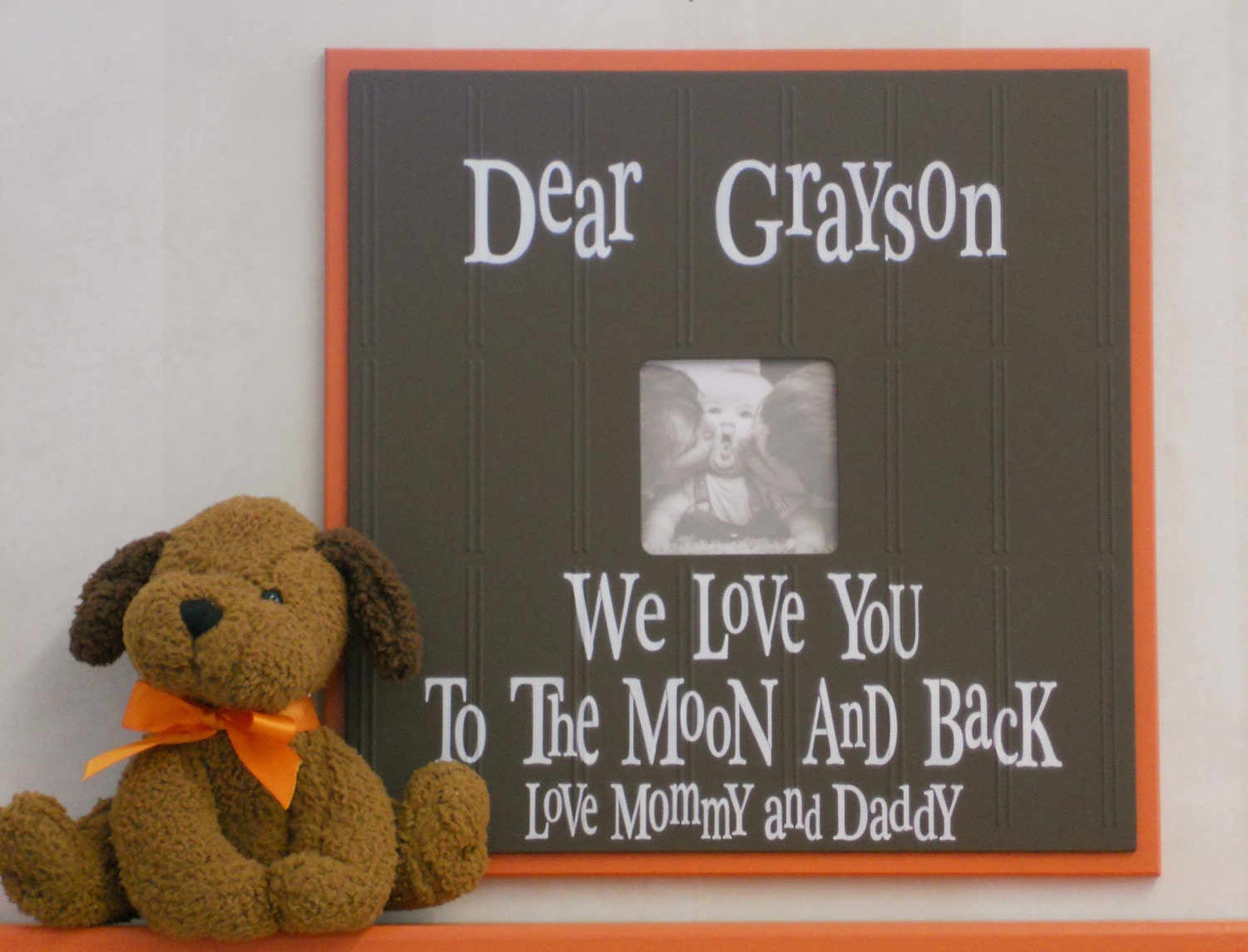 Orange and Brown Nursery Decorations Baby Gift Wood Picture Frame Sign -  PERSONALIZED BABY NAME